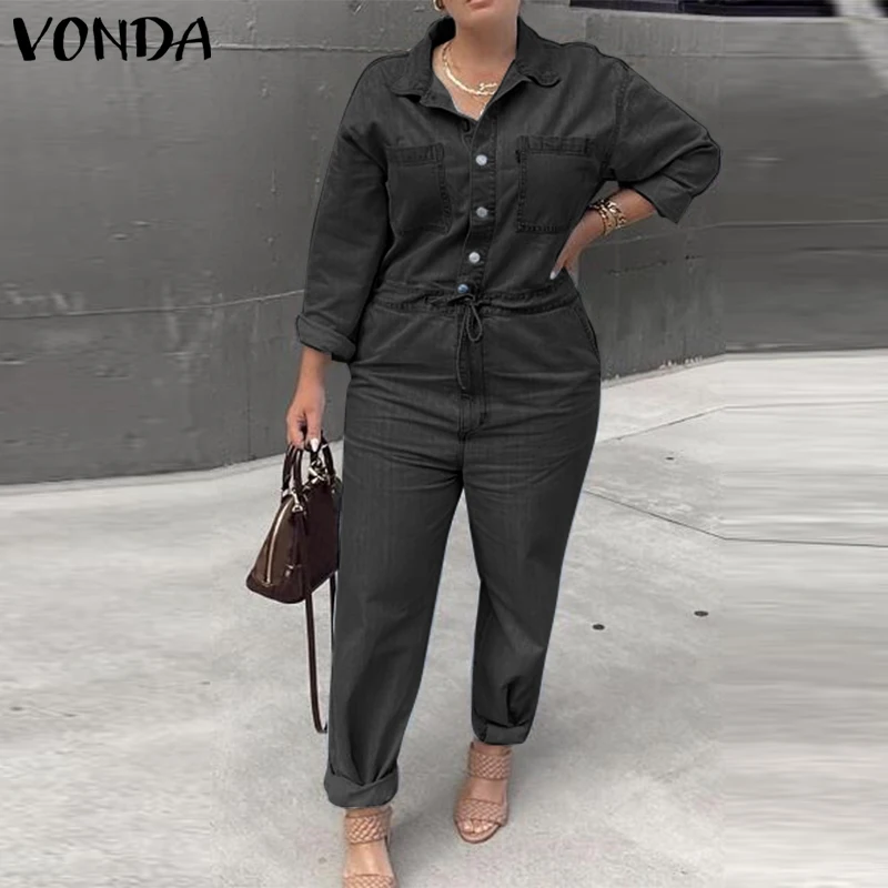

Rompers Women Jumpsuits VONDA Autumn Casual Lapel Collar Long Playsuits Pantalon Denim Office Overalls Pleated Wide Leg Overalls