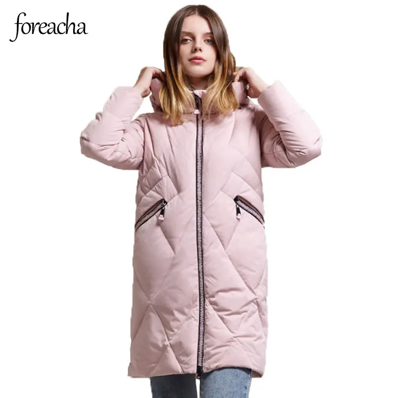 

foreacha hooded zipper down coat women white duck down loose plus size jacket pink mid length Women winter coat 2021 пуховик