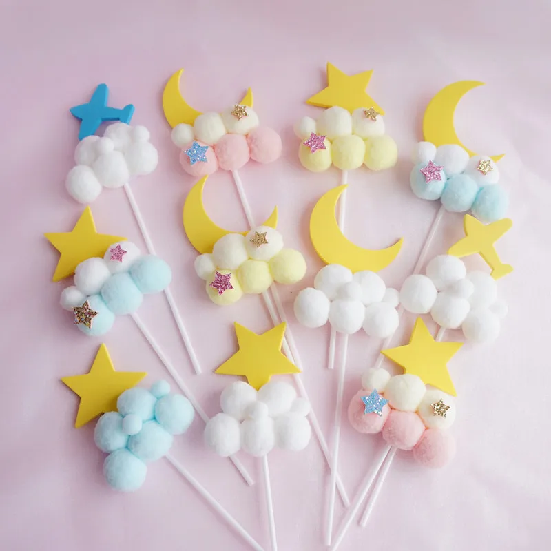 

Birthday Flags Decoration Pink Blue Pompom Cloud Plane Star Moon Cake Topper Baby Shower Festival Wedding Party Baking Supplies
