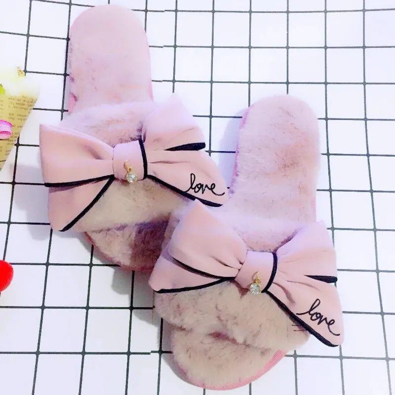 Dropshipping Famous Brand Fur Flip Flops Sweet Lace Bow Slides Designer Winter Women Sandals Warm Cozy Home Slippers Flower | Обувь