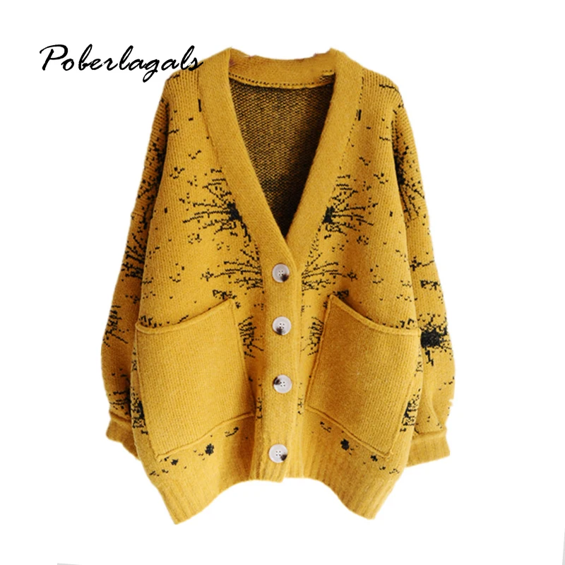 Осень Зима вязаные Желтые свитера женский кардиган 2019 корейский v-образный вырез