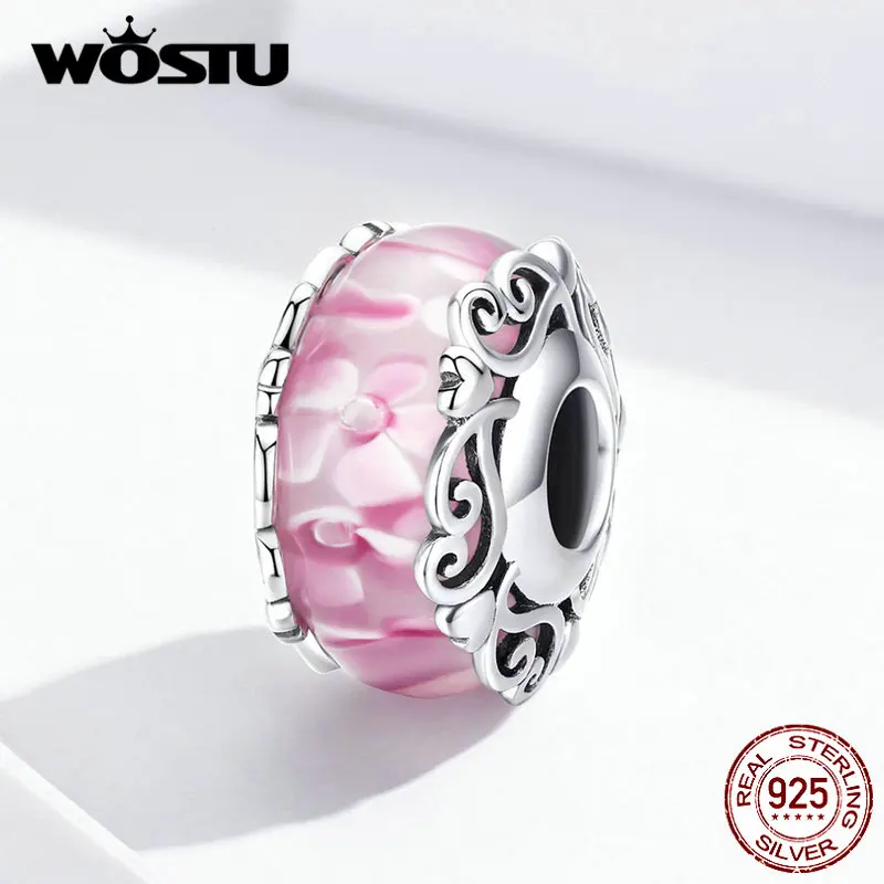 WOSTU подлинный 925 пробы серебряный розовый сердце к сердцу Подвеска из стеклянных бусин подходит браслет и ожерелье для женщин CQC1283