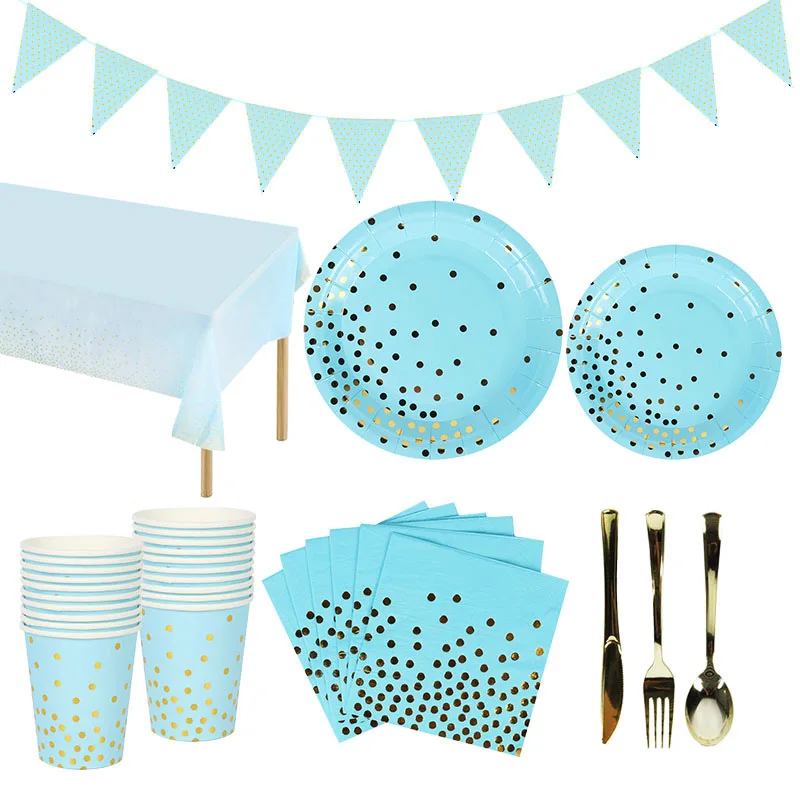 

Bronzing Gold Blue Disposable Tableware Sets Paper Napkins Plates Adult Birthday Party Decor For Home Baby Shower Wedding Decor