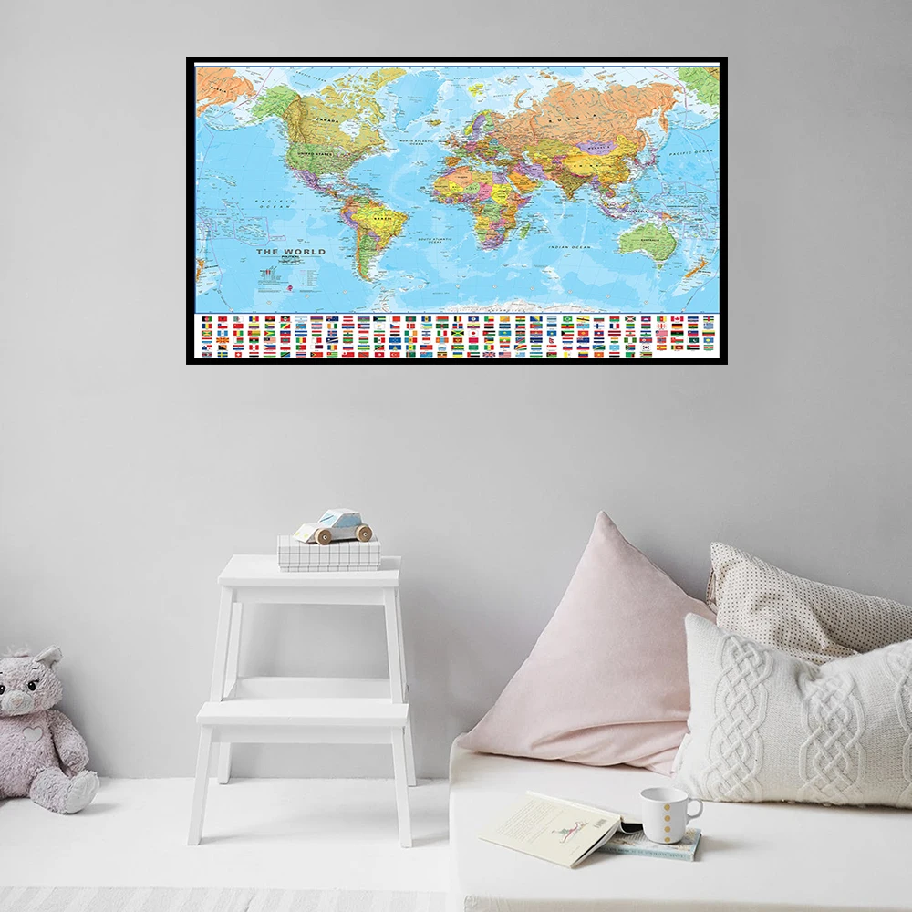 

Unframe Vintage World Map Poster with National Flags for Home School Education 90*60cm World Map Wall Art Prints Picture