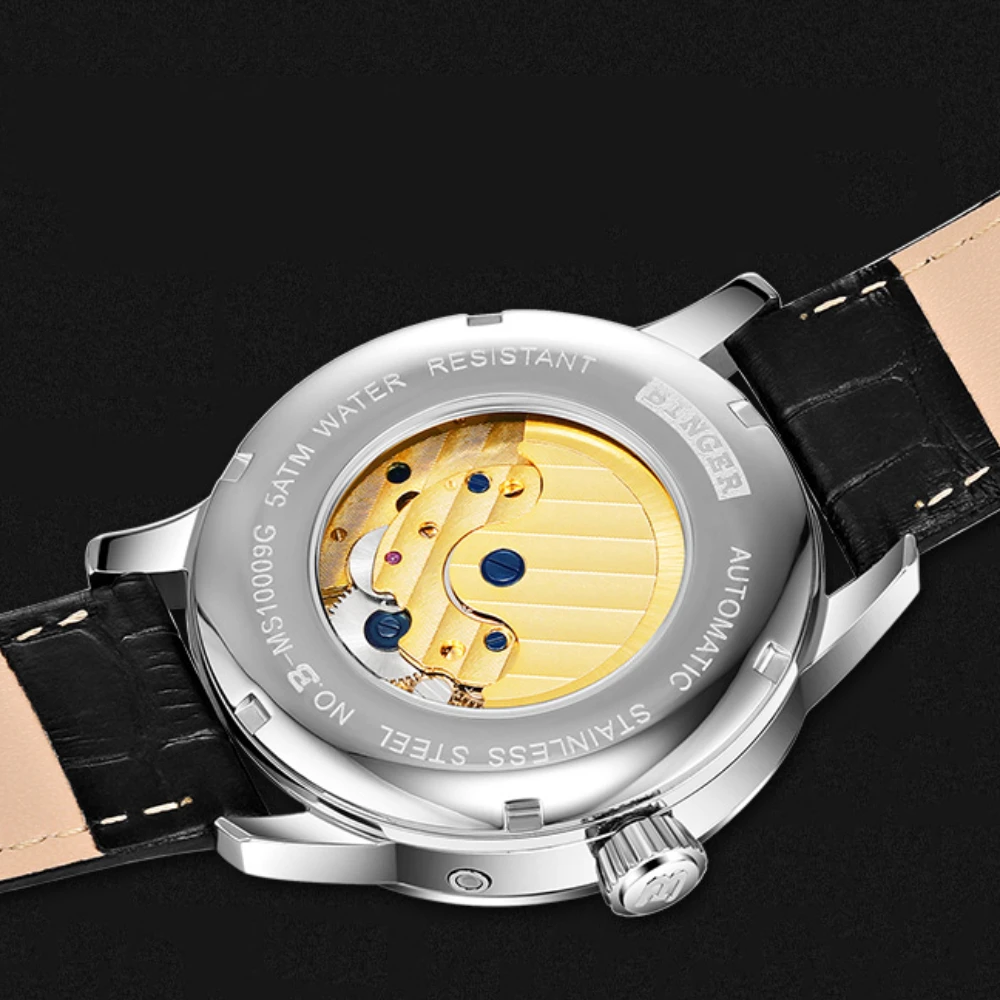 Оригинальные Роскошные мужские часы бренда BINGER с кожаным ремешком