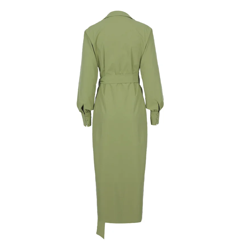 

Notched Collar V-neck Sexy Women Long Dress Autumn Shirt Long Sleeve Solid Color Green Beige Slit Lace Up Skinny Ladies Dresses