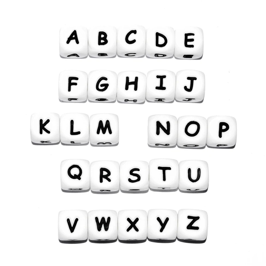 

20pcs 12MM Teether Silicone Beads Toy Square Cube Alphabet English Letter Chewing Beads For Teething Necklace Pacifier Chain