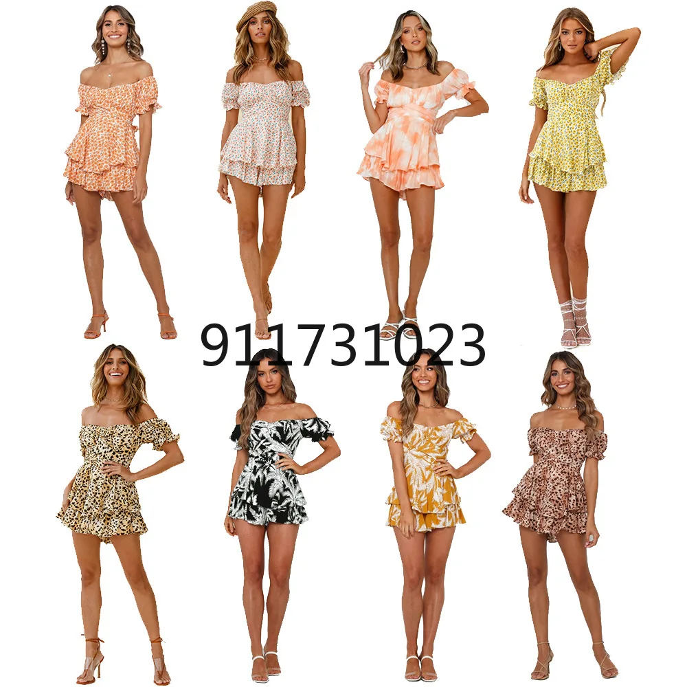 Женский Короткий комбинезон с оборками богемный цветочный Леопардовый принт