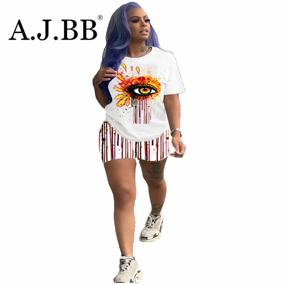 

European casual eye print fashion women's suit loose o-neck short sleeve T-shirt and shorts 2-piece set