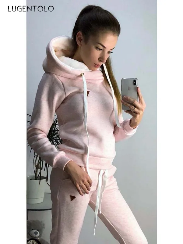 

Lugentolo Autumn Women's Two Piece Set Hooded Solid Long Sleeve Tops Straight Pants Pocket Fashion Loose New Casual Sports Set