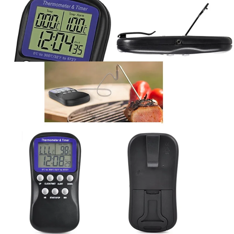 

Digital BBQ Thermometer Food Probe Meat Kitchen Oven Thermometer Celsius Fahrenheit Temperature Sensor LCD Timer and Alarm Clock