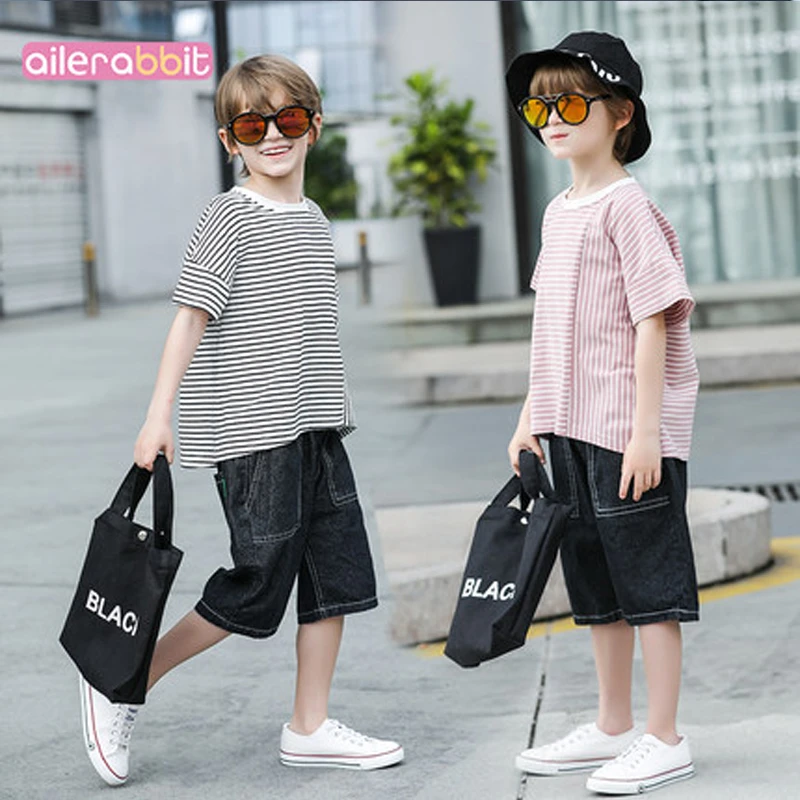 

2019 Spring Summer Striped Short Sleeve T-Shirt Shorts 2 Piece Set Boy Fashion Clothes Set Letter Jeans Set For Boys 3-12 Years