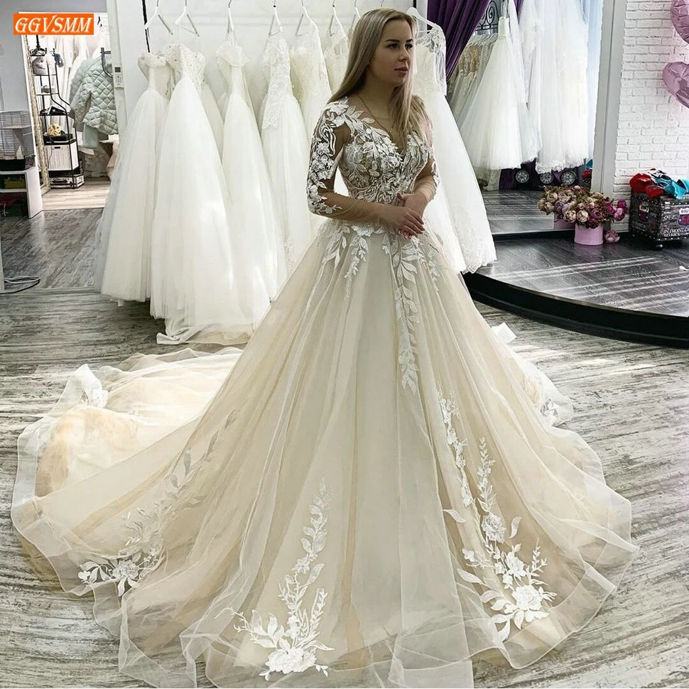 Romantic Boho Champagne Wedding Dress Long Sleeves Lace Appliqued Tulle Princess Gowns 2020 Custom Made Bride Dresses | Свадьбы и