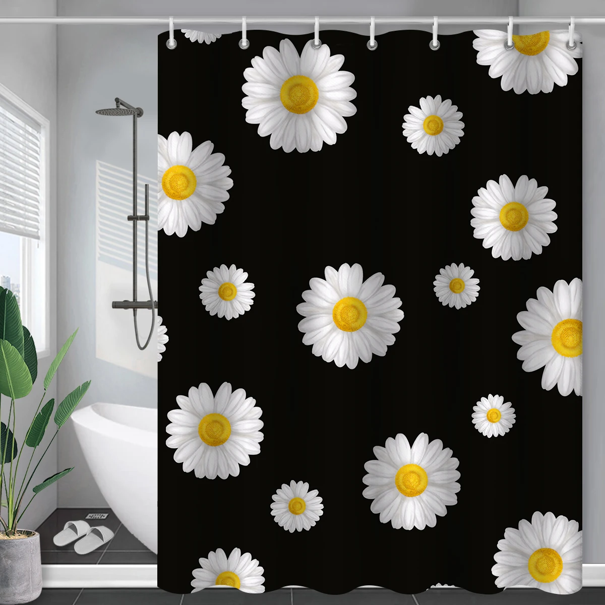Daisy Black Shower Curtain Bathroom Waterproof Duschvorhang Plants and Fruit Printed Bed Bath and Beyond Decor Curtain Hooks