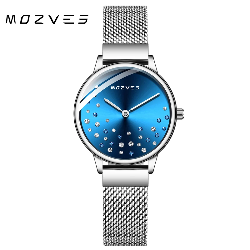 Женские часы MOZVES роскошные брендовые водонепроницаемые наручные из нержавеющей