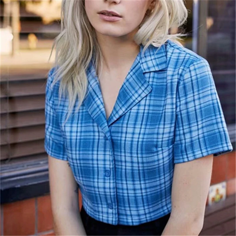 

Foridol vintage chic plaid blouse shirt women button check blue crop tops feminine blouse chic streetwear camisas 2020