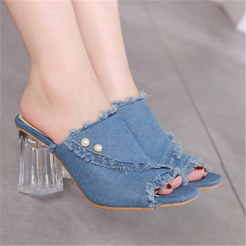 

Women's Slippers Peep Toe Denim Rhinestone Summer Transparent Crystal 9cm High Heels Women's Slides Sandals Women Shoes Black