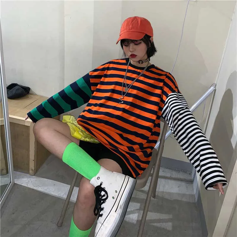 NiceMix Harajuku/футболка с принтом тыквы и буквами; Поддельные 2 штуки; Лоскутная Повседневная футболка с длинными рукавами; женская и Мужская Уличная одежда; топы