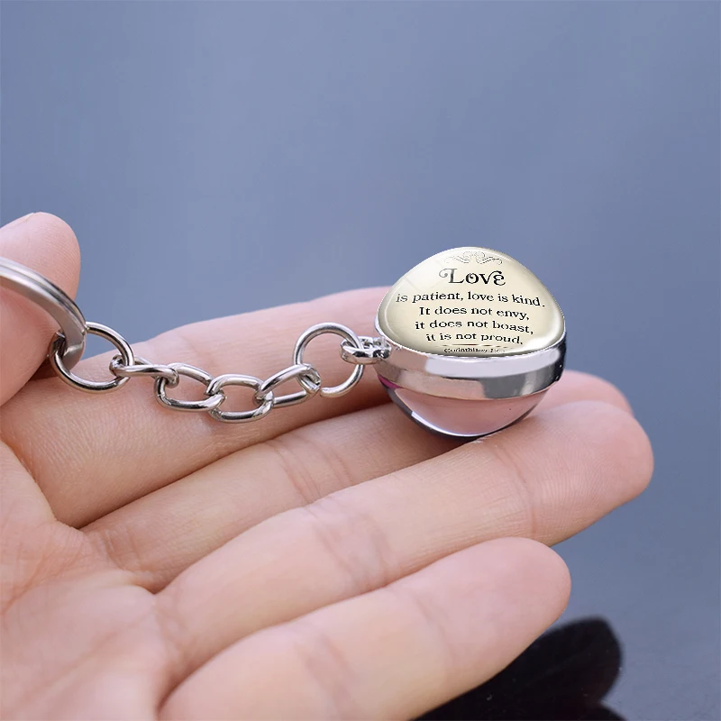 

Love Is Patient Bible Verse Quote Keychain Corinthians 13:14 Glass Ball Pendant Keyring Scripture Jewelry Christian Gifts