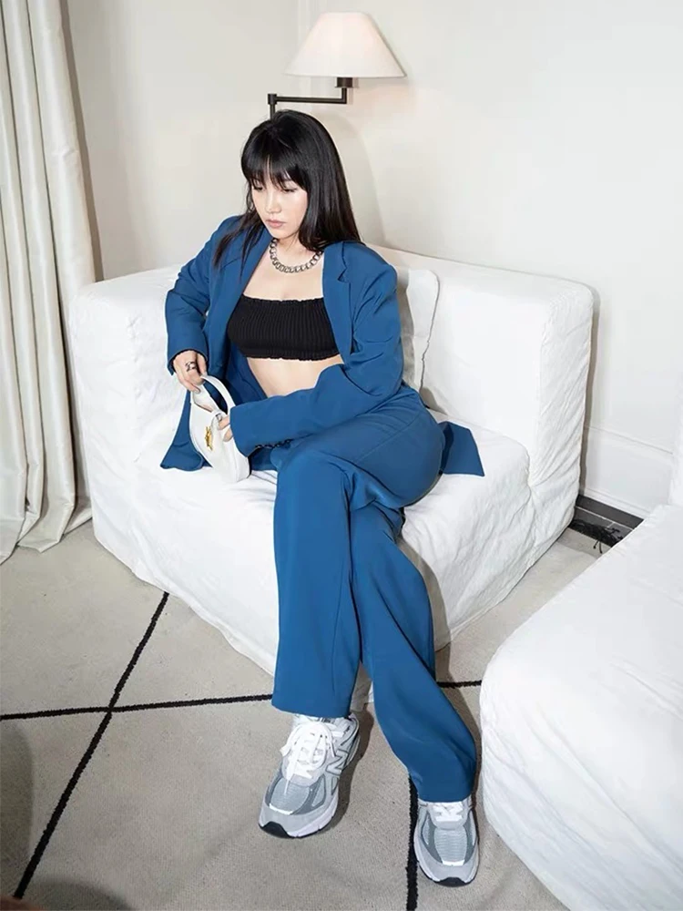 

Vintage Blue Loose Blazer High Waist Straight Casual Trousers 2021 Spring Women's Clothing Suit Two-Piece Fashion Streetwear