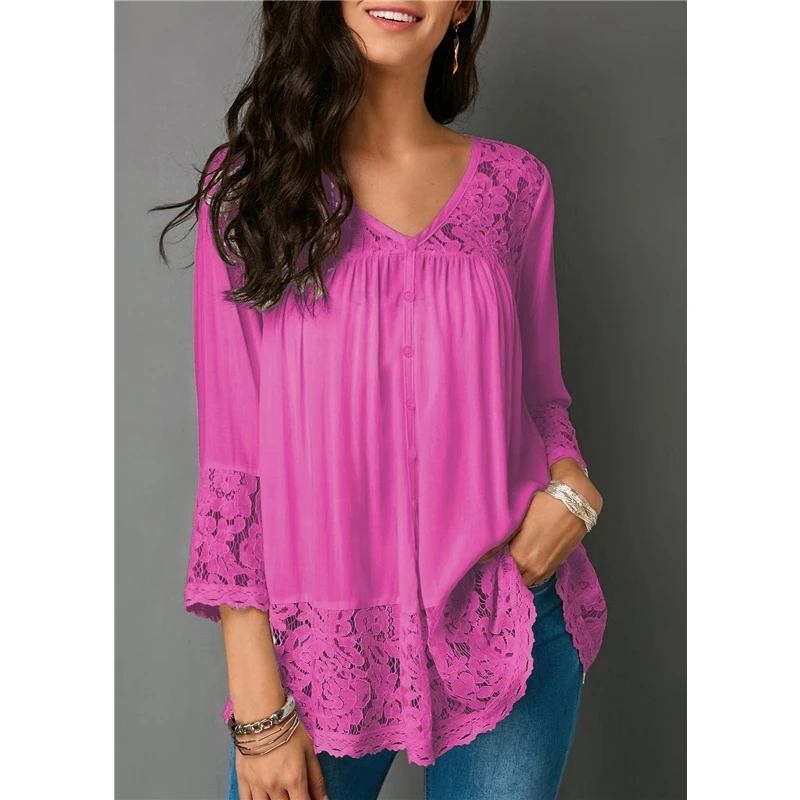 

Spring Autumn Tunic Tops Women Clothing Sexy Lace Patchwork V Neck Casual Solid Color 3/4 Sleeve Shirt Pullovers Blusa Feminina