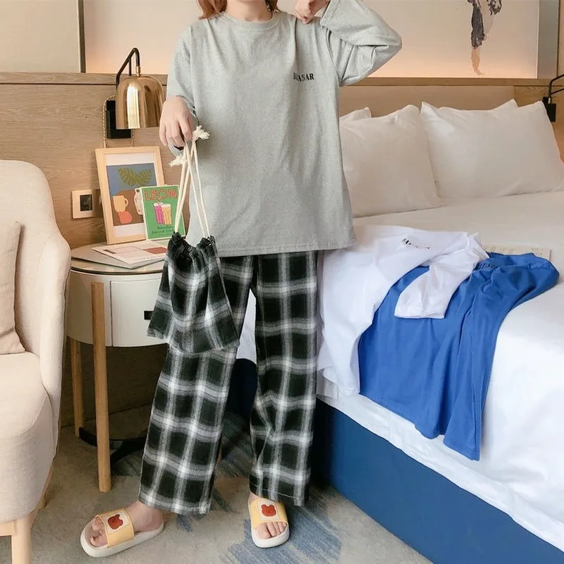 Home Clothes for Women Sleepwear Set Plaid Pants Letter Solid Top Pajamas for Women Pijamas Mujer Spring and Autum Pyjamas Women
