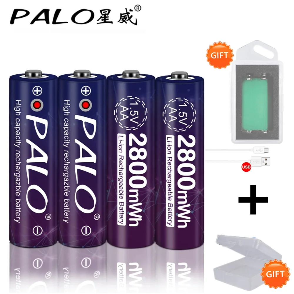 

PALO 4Pc/Set Fast-charing 1.5V AA Li-ion Battery 2800mWh Lithium Cold-resistant Battery Rechargeable Batteries with FREE charger