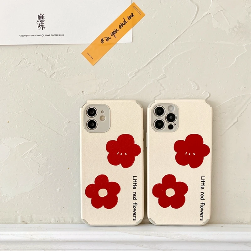 

New Luxury Sheepskin Cartoons Cute Red Flower Phone Case For Apple iPhone 12 Mini 11 Pro X XR XS MAX 7 8 Plus Soft Back Cover
