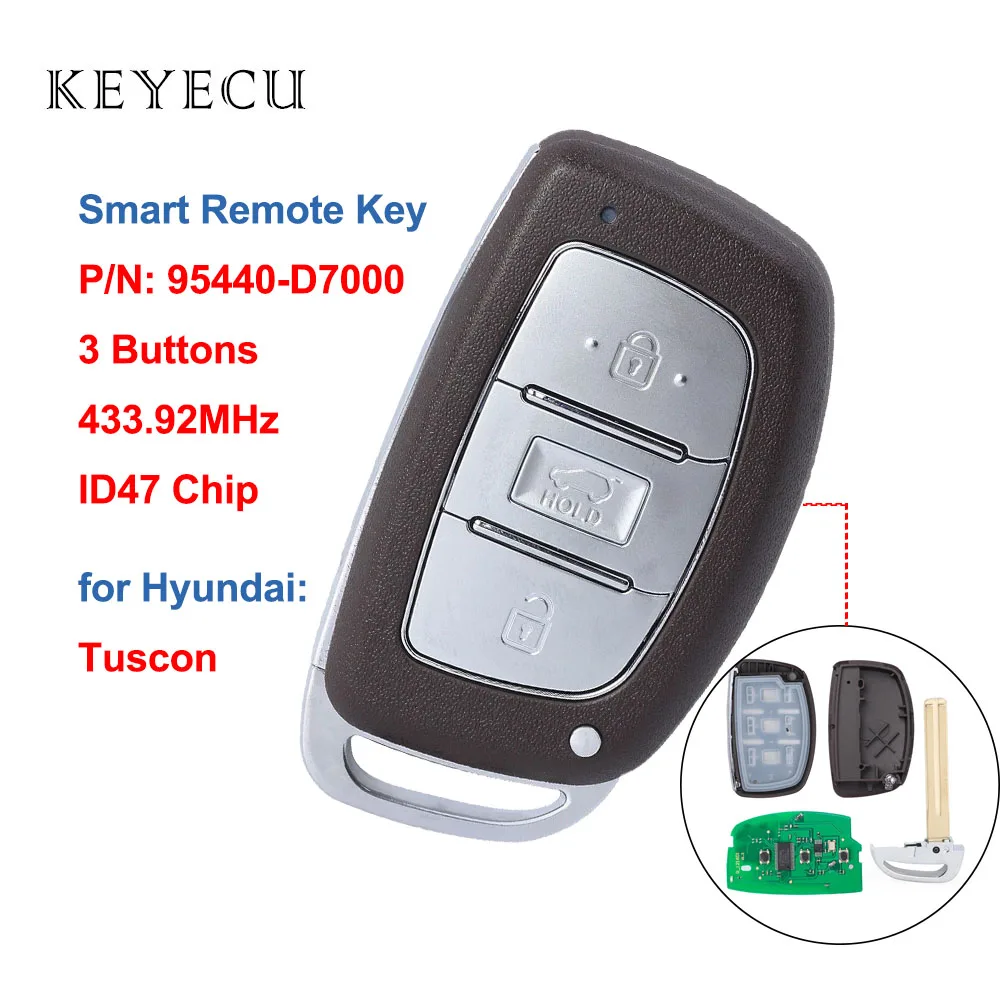 

Keyecu Keyless Smart Remote Car Key Fob 3 Buttons FSK 433.92MHz ID47 Chip for Hyundai Tucson 2018 2019 2020 SUV P/N: 95440-D7000