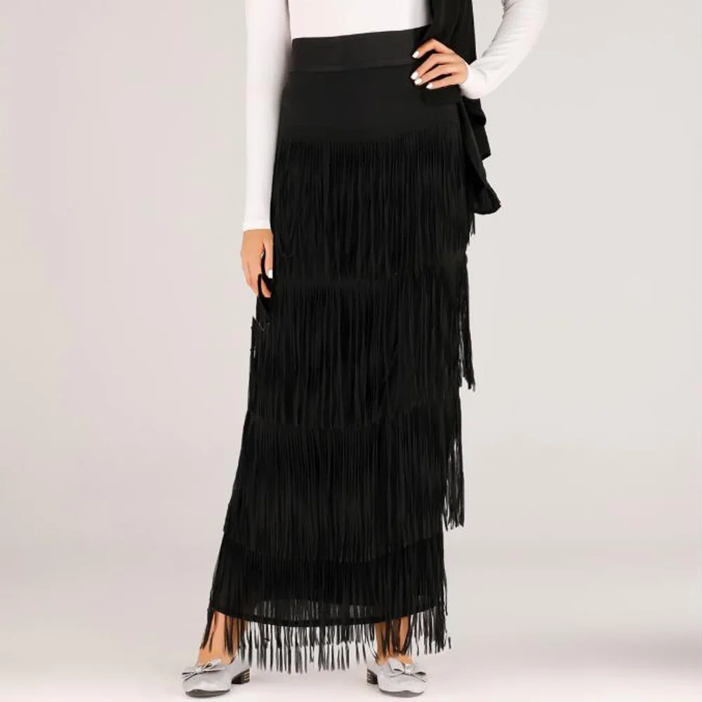 Black Skirt Мусульманская длинная облегающая юбка с кисточками, женская черная повседневная юбка-карандаш с высокой талией, мусульманская юбка до щиколотки, юбка с бахромой, Saia Longa - Цвет: Black Skirt