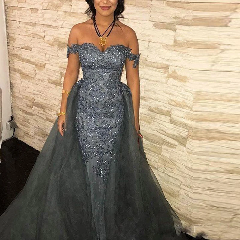 

Grey Mermaid Evening Dresses with Detachable Train Off Shoulder Beaded Prom Dress Appliques Red Carpet Gown Overskirt Celebrity