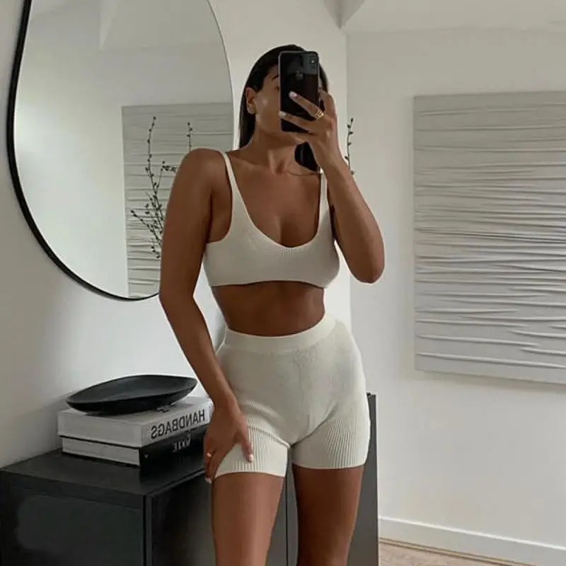 

FAKUNTN Women's Pajamas Rib Knit Homewear Suits With Shorts Women Sets Sexy V-Neck New Strap Vest Top Backless Solid 2 Pcs Set