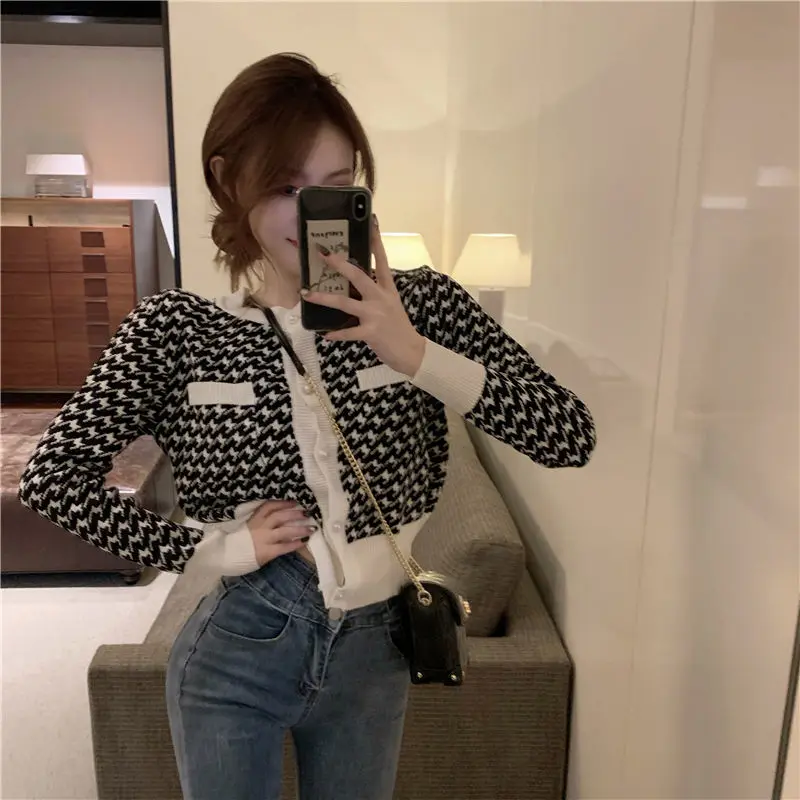 

Woman Sweaters Cardigan Knitted Cardigan Coat Winter Outer Tops Western Style Houndstooth Short Sweater Sueters De Mujer