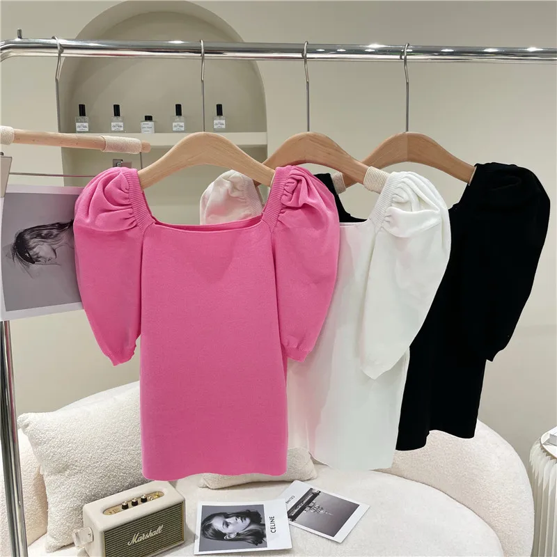 

NewWomen's clothing Spring Summer 2021 NewSmall fresh square neck short high waist top Vintage bubble sleeve knit shirt