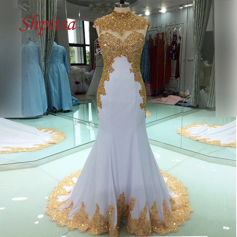 

White And Gold Sexy Lace Mermaid Evening Dresses Long Party Plus Size African Women Beaded Prom Formal Evening Gowns Dresses