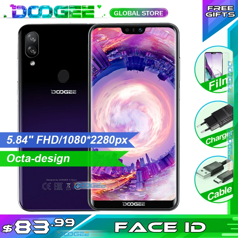 DOOGEE N10 мобильный телефон 3 GB Оперативная память 32 ГБ Встроенная память 5,84 дюйма FHD+ 19:9 Дисплей 16.0MP Камера 3360 mAh Android 8,1 4glte смартфон
