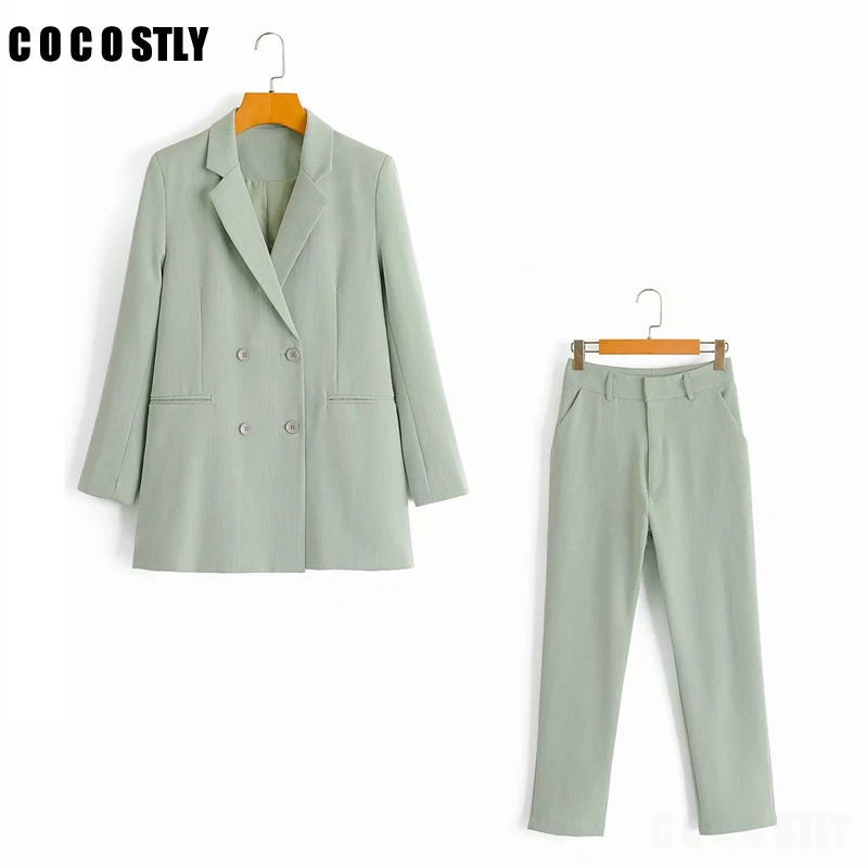 

2020 Autumn Women Suits Vintage Khaki 2 Pieces Set OL Office Blazer Jacket Coat+Pencil Pants Suit Casual Trouser Outfits Female