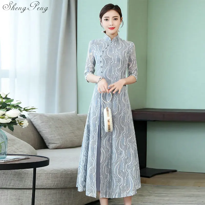 

Китайское свадебное платье, традиционное китайское Восточное женское платье-Ципао, элегантное ажурное длинное платье с цветочным рисунком...