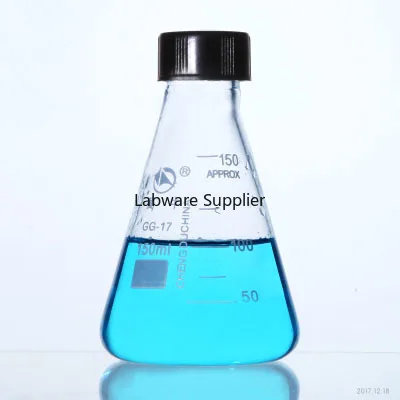 Утолщенная коническая колба из боросиликатного стекла с винтовой черной крышкой