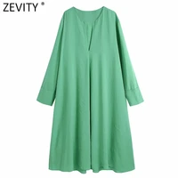 zevity 2021 new women fashion v neck long sleeve green color midi dress female chic loose vestido straight kimono dresses ds8282