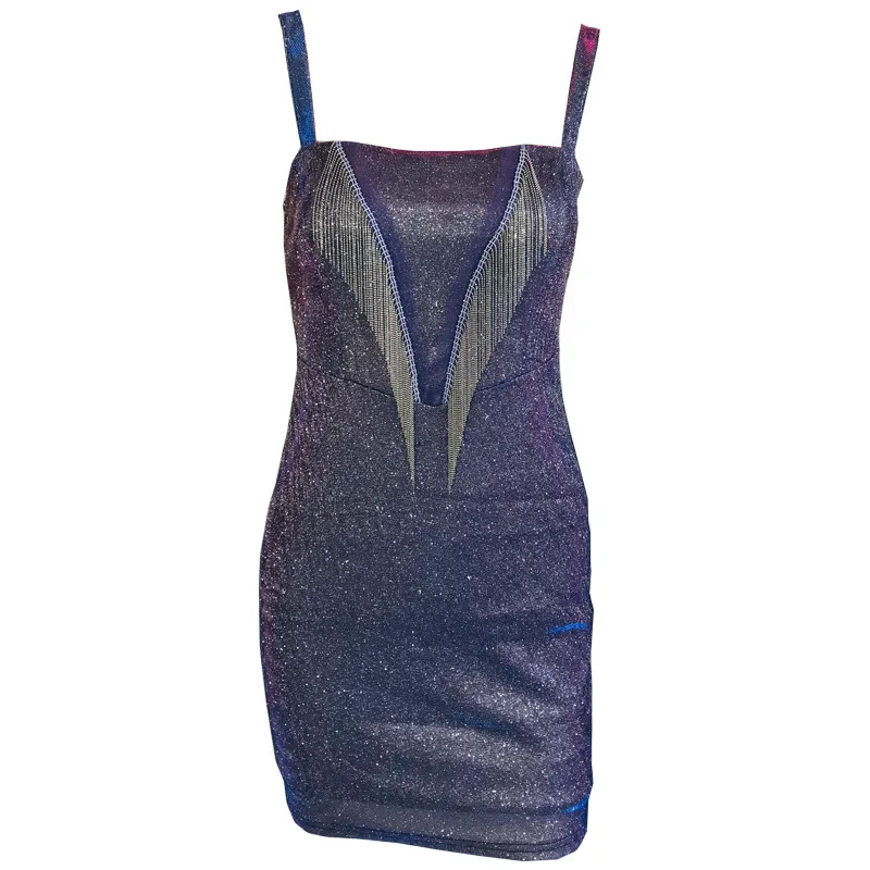 

Glitter Sexy Women Spaghetti Strap Mini Dress Backless Bodycon Sexy Party Elegant Tassel Dress 2021 Club Christmas Y2K Style