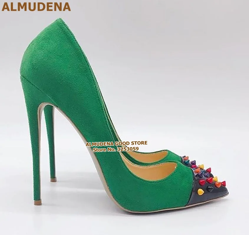 ALMUDENA/красные, черные замшевые туфли со стальным носком и золотыми заклепками свадебные туфли на шпильках 12 см смешанных цветов с блестящими шипами Прямая поставка - Цвет: as picture 12cm