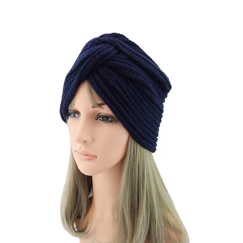

Winter Solid Color Hats Muslim Hijab Caps Women Turban Cross Wrap Head Indian Hat Wool Knit Hijab Bonnet Turbante Cap
