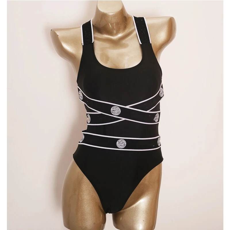 

Women White Crossing Lines Portrait Swimsuit Fashion Black Bikini Popular INS Beach Swimwear Lady One Piece Beachwear