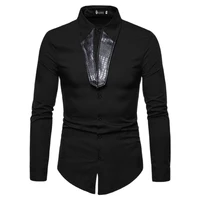 mens fashion personalized tailored pu leather stitching collar long sleeve shirt four seasons general fashion design shirt