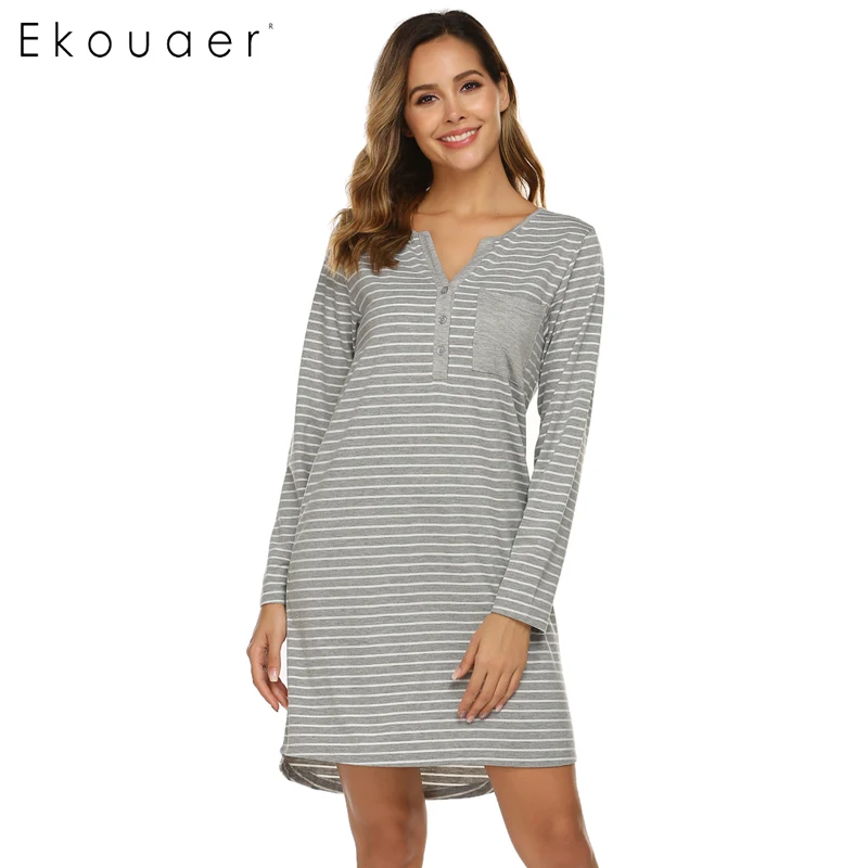 grey white Ekouaer Ночная сорочка Осенняя Женская полосатая одежда для сна Повседневная Ночная рубашка с v-образным вырезом карманная ночная рубашка Женская сорочка ночная рубашка - Цвет: grey white