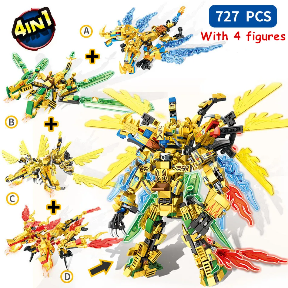 

New Digital Ninja 4in1 Golden Warrior Robot Mech Dragon Building Blocks Kit Bricks Classic Movie Model Toys For Children Gift