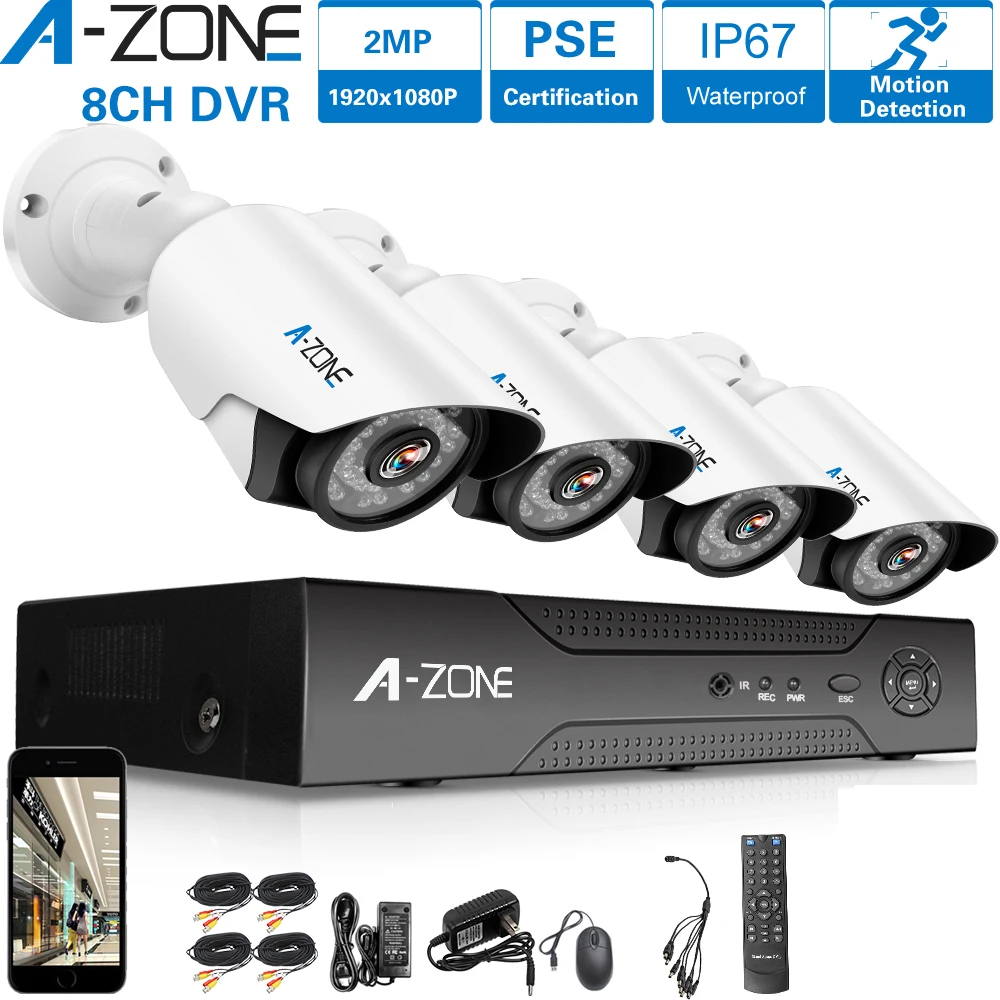 A ZONE 1080P 8ch 4 шт. камера видеонаблюдения системы безопасности 2.0MP AHD DVR Ночное видение IP67 Водонепроницаемый