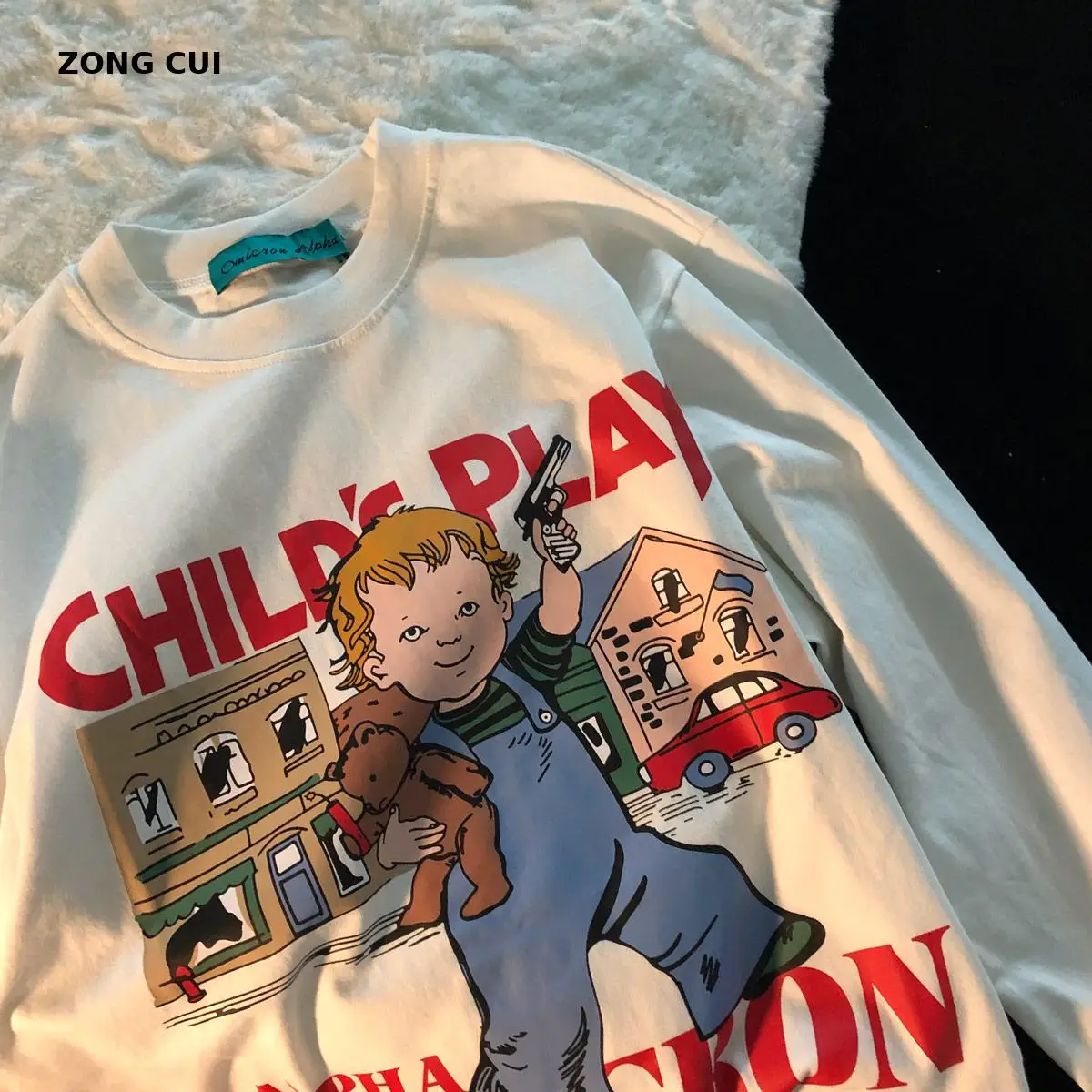 

2020 cotton printed long sleeve T-shirt women's spring and autumn Korean casual loose couple's top Street Style Black T-Shirt