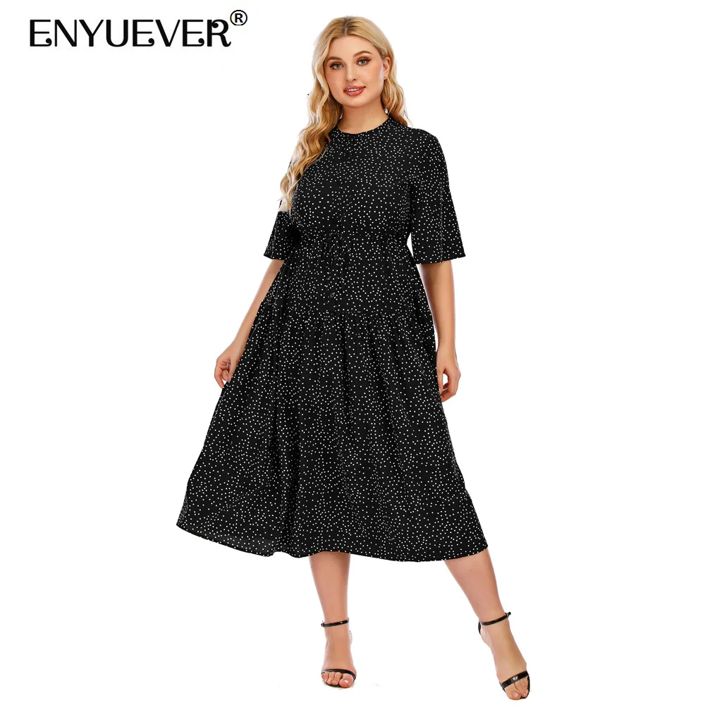 

Enyuever Elegant Black Polka Dot Dress Plus Size Women Summer Clothes Sleeve Button High Waist Robe Vintage Retro Casual Dress